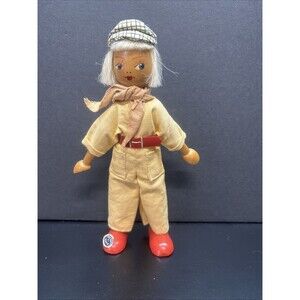 Vintage 7” Wooden Polish Doll Factory Worker Jumpsuit.